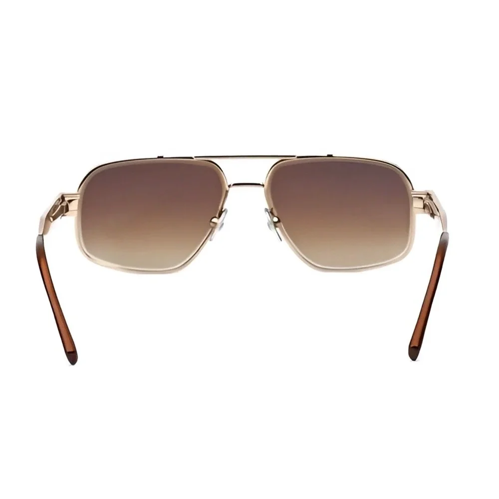Mens Square Aviator Sunglasses Gold Metal Frame Brown  Lens Double Bridge Hiphop